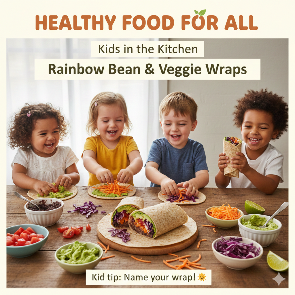 Children around a table, rolling rainbow bean and veggie wraps.